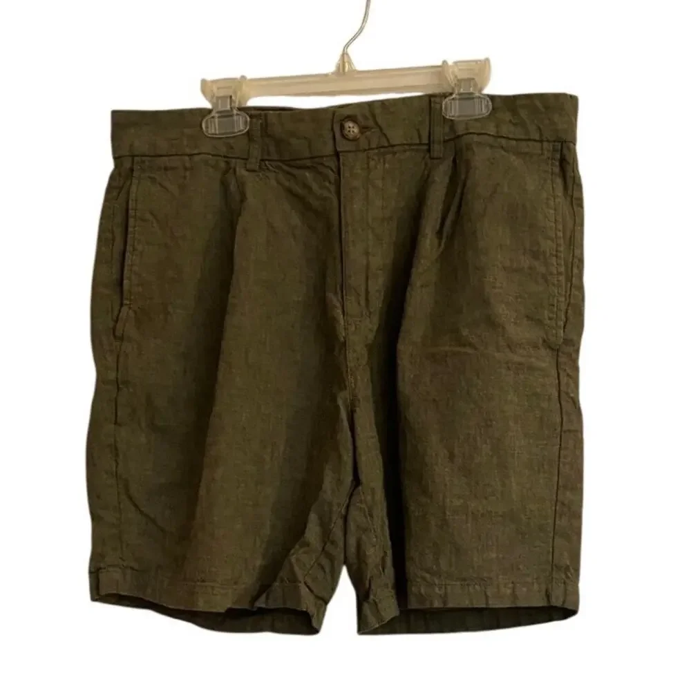 LR4308 Old Navy Slim Linen Blend Shorts Mens 34 Olive Green Flat Front Casual